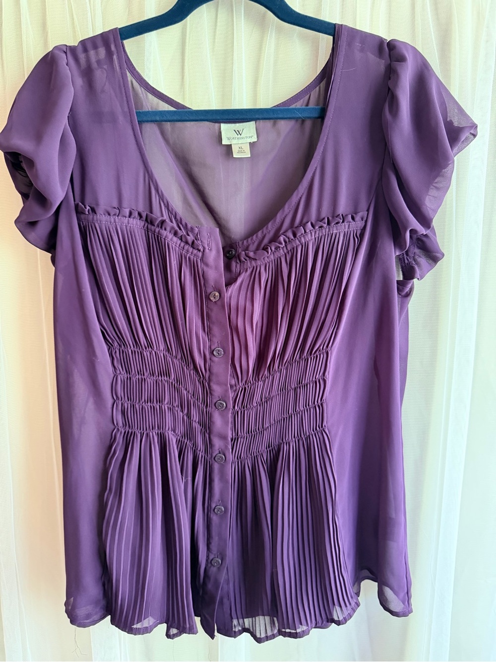 Worthington Purple Pleated Button-Front Blouse 2 pieces sheer top w tank
